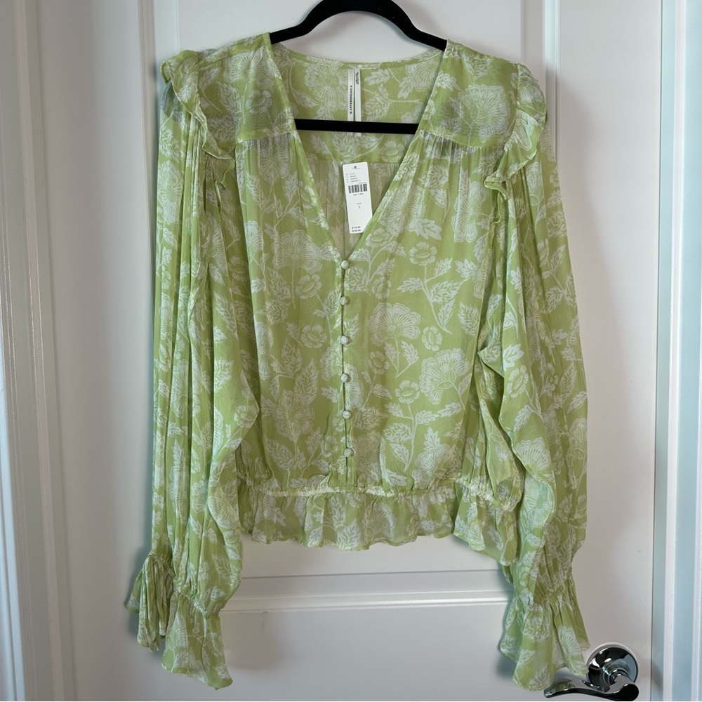 NWT Anthropologie Lime Floral Flowy Long Sleeve Blouse size L